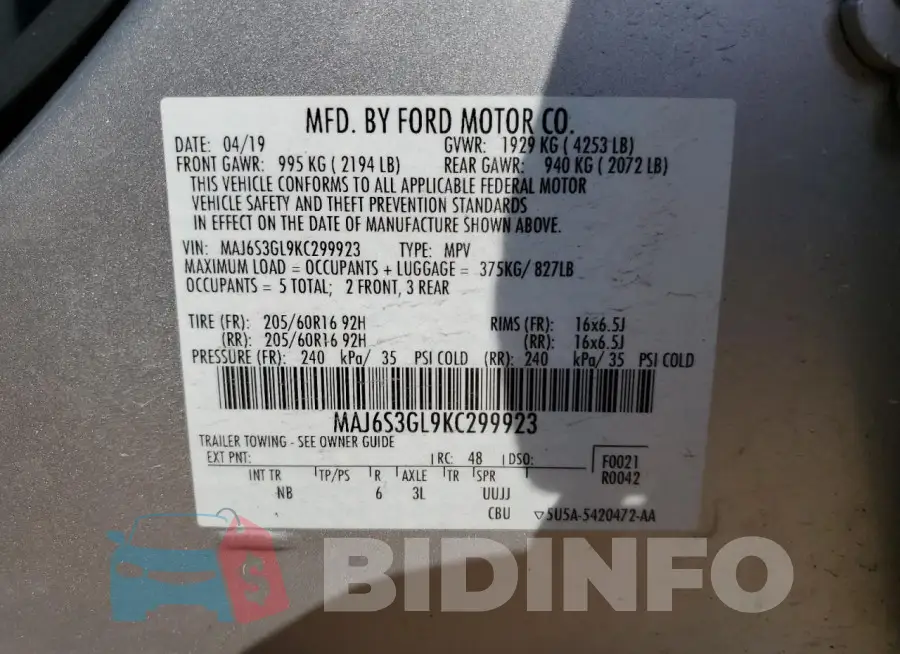 MAJ6S3GL9KC299923 Photo# 12