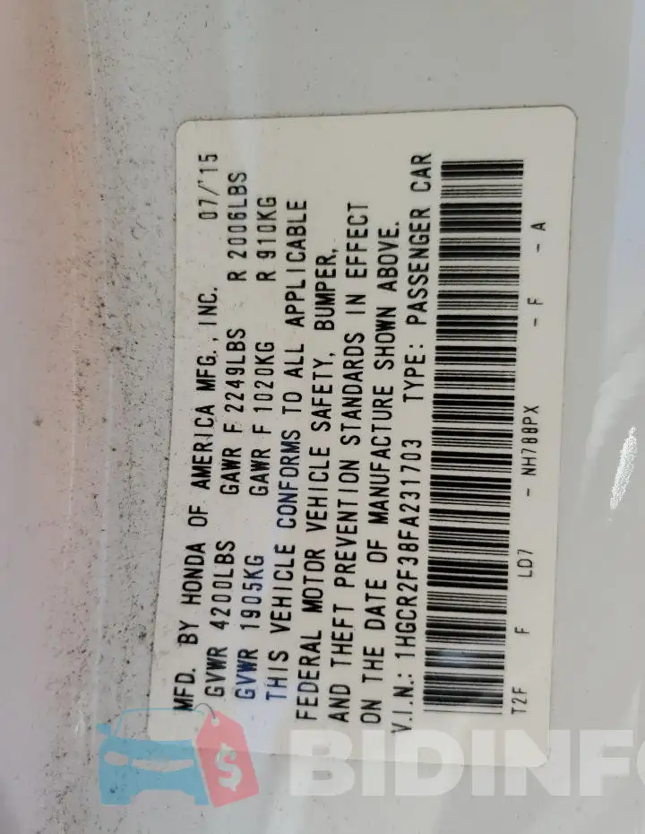 1HGCR2F38FA231703 Photo# 12