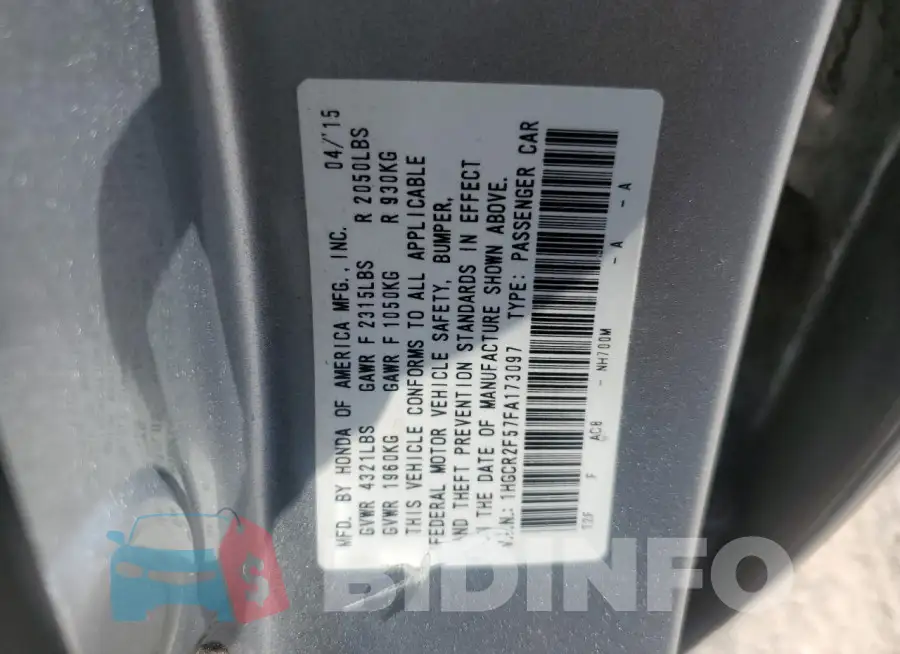 1HGCR2F57FA173097 Photo# 12