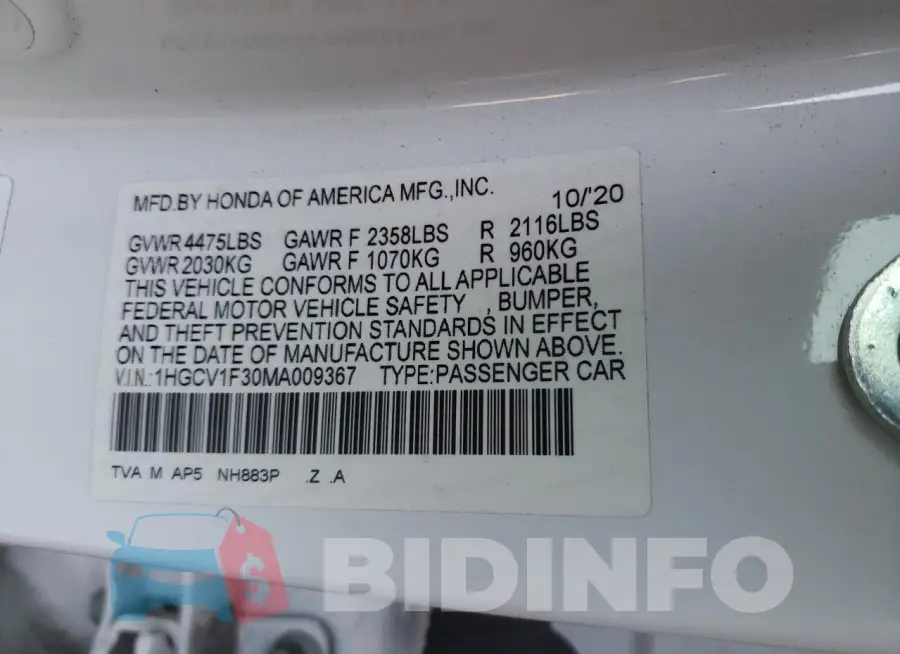 1HGCV1F30MA009367 Photo# 12