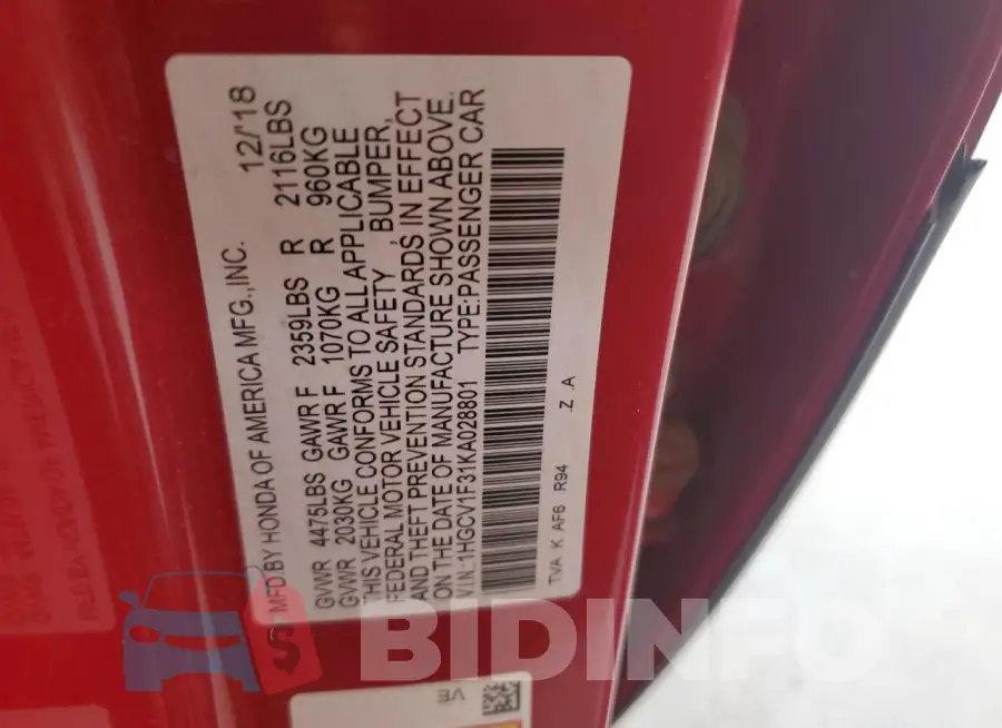 1HGCV1F31KA028801 Photo# 12