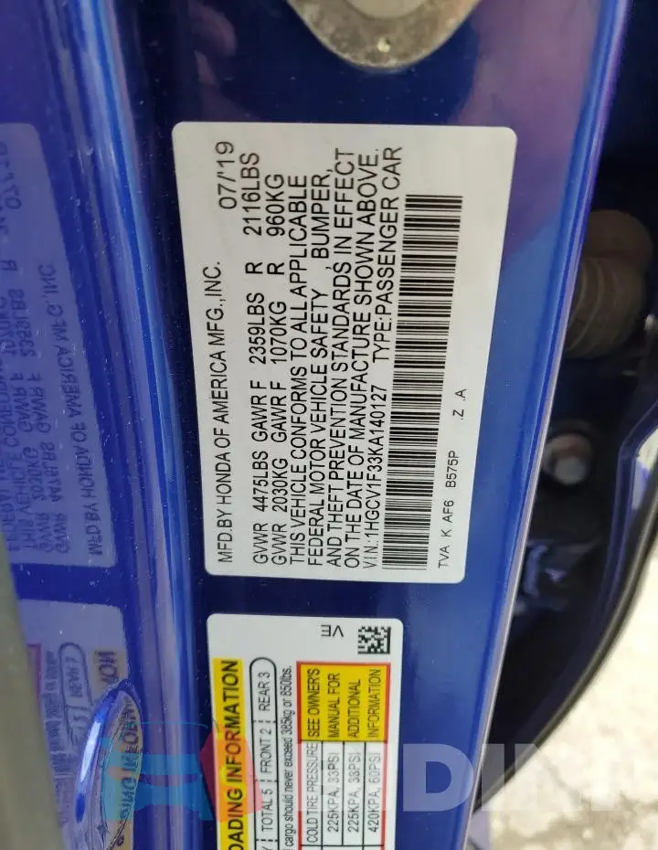 1HGCV1F33KA140127 Photo# 12