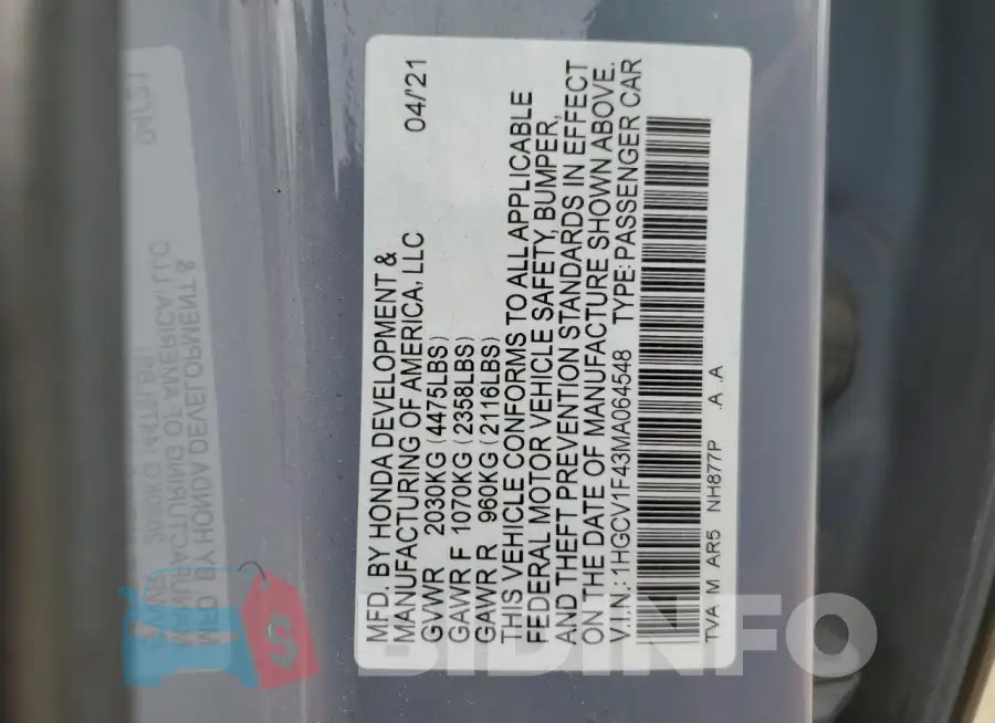 1HGCV1F43MA064548 Photo# 12