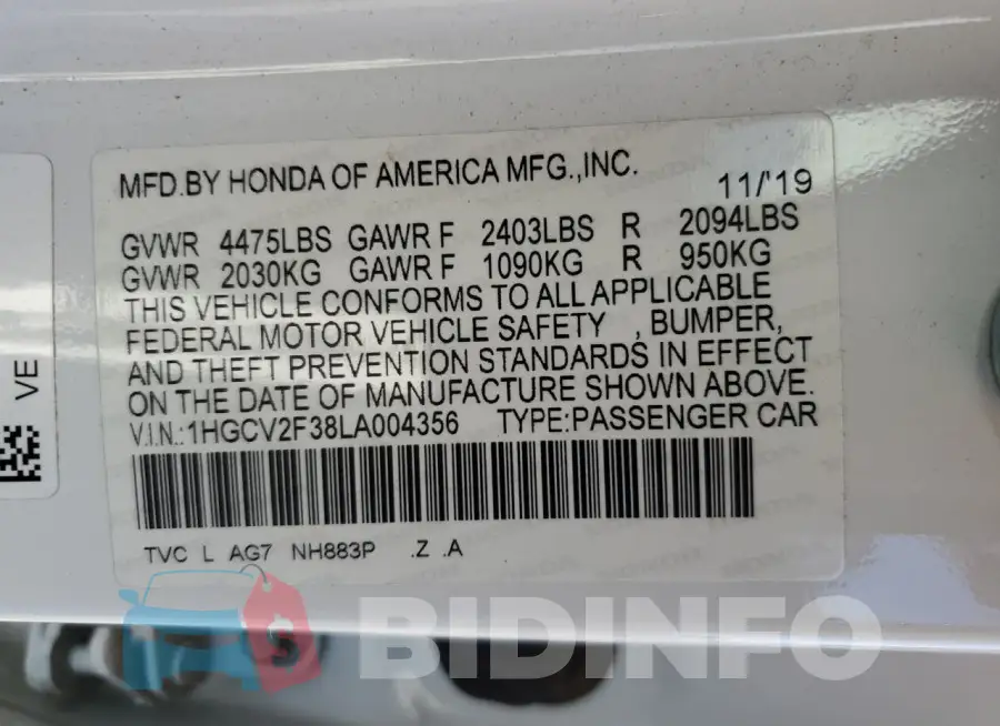 1HGCV2F38LA004356 Photo# 12