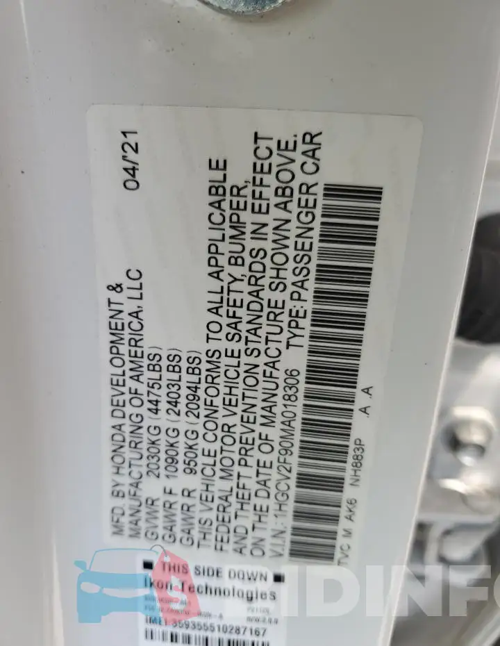 1HGCV2F90MA018306 Photo# 12