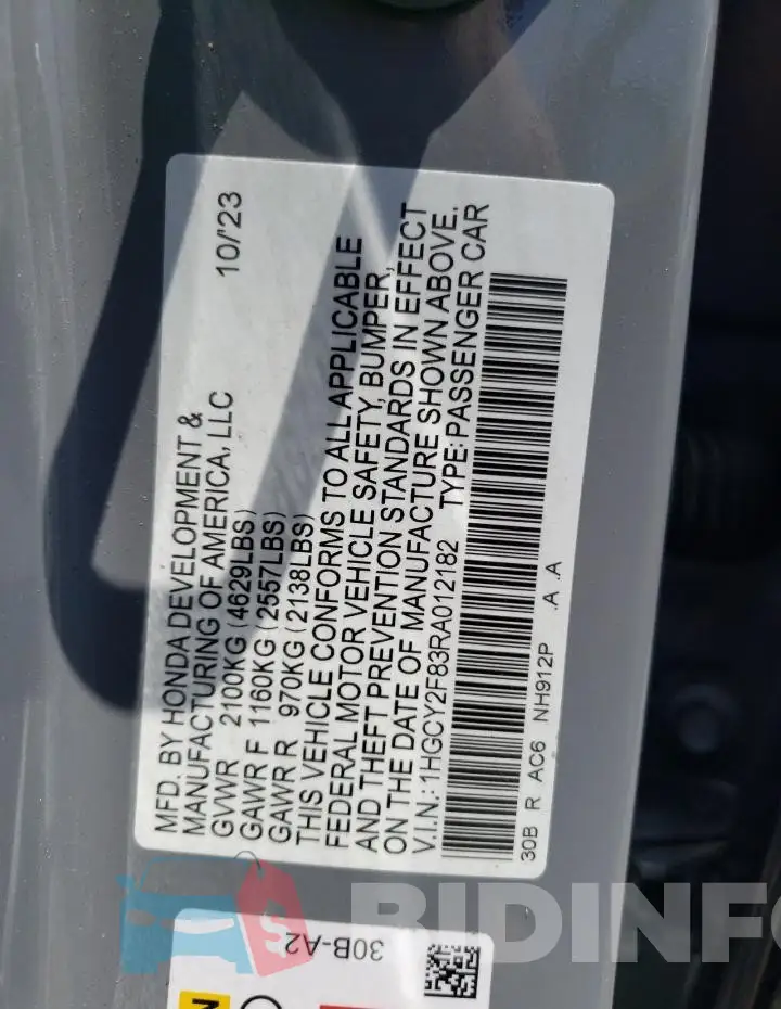 1HGCY2F83RA012182 Photo# 12