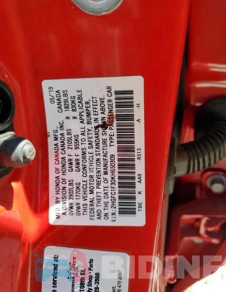 2HGFC1F30KH650309 Photo# 12