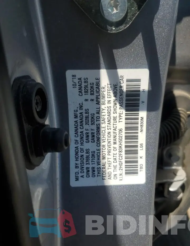2HGFC2F83KH502706 Photo# 12
