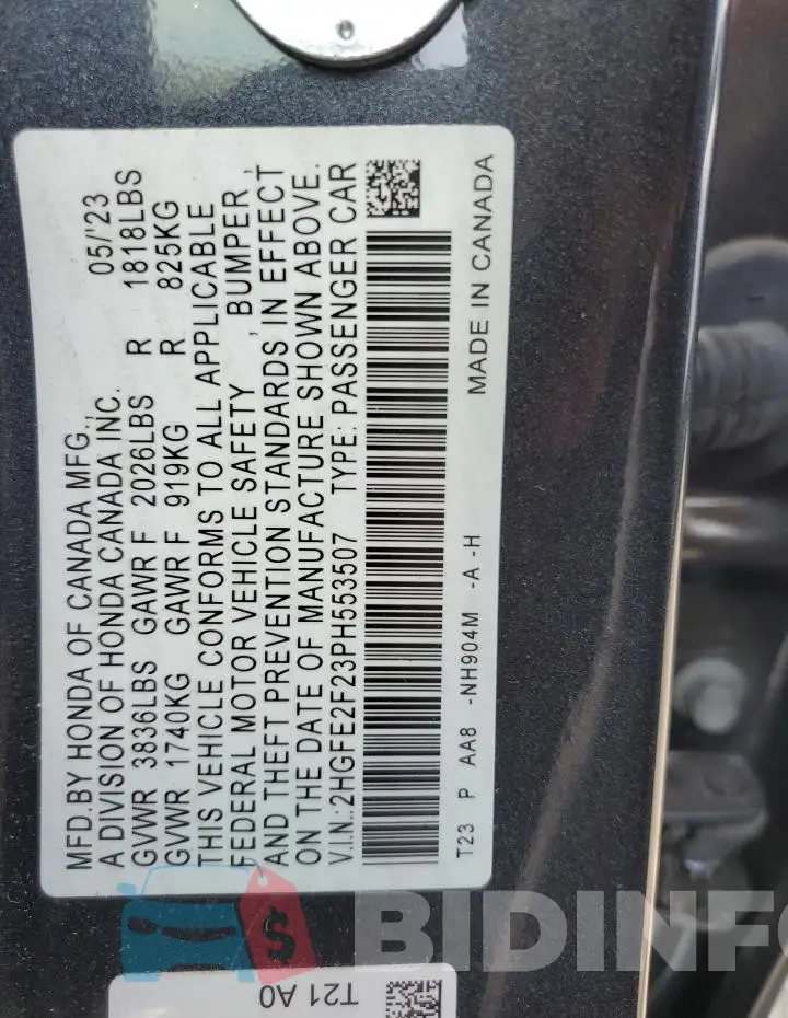 2HGFE2F23PH553507 Photo# 12