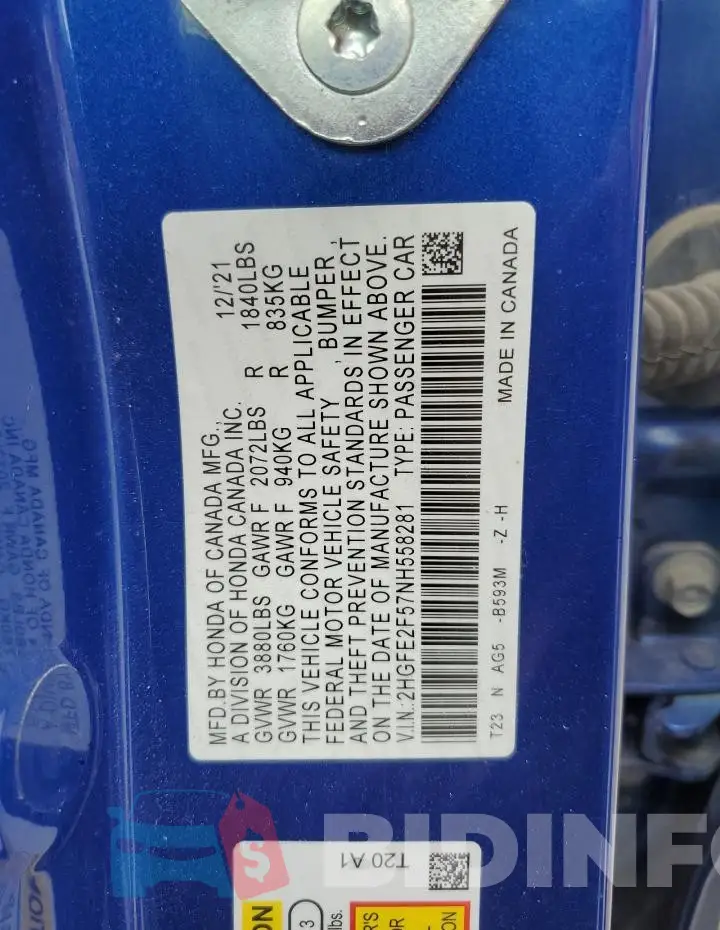 2HGFE2F57NH558281 Photo# 12
