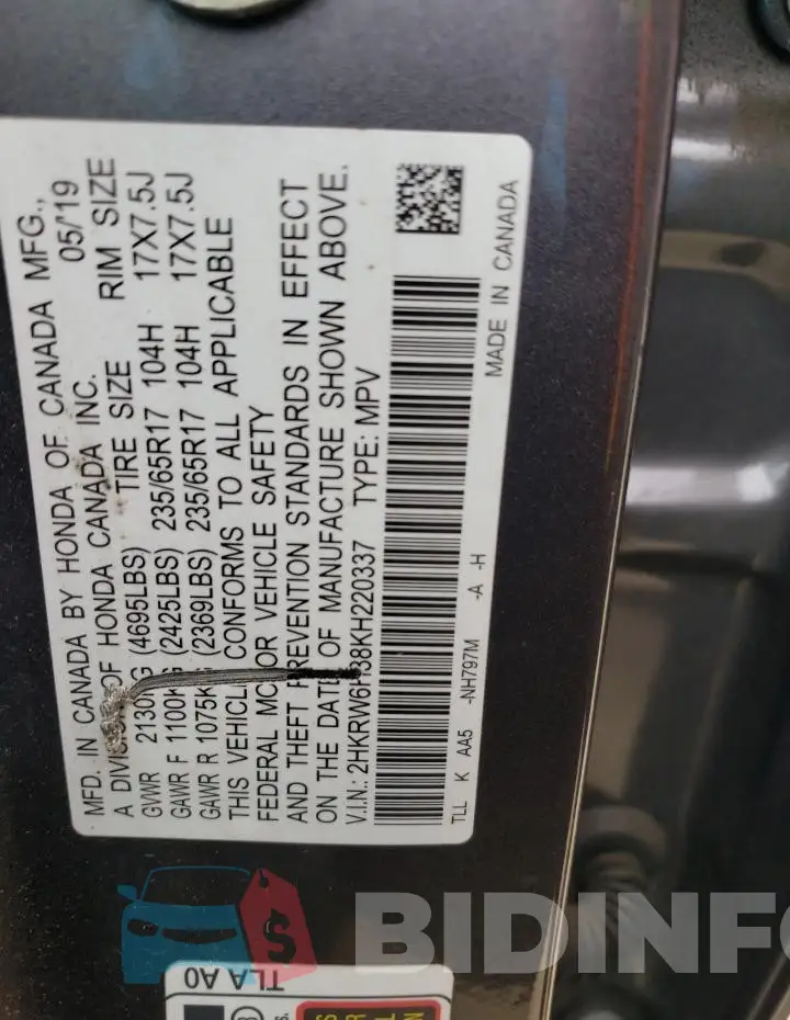 2HKRW6H38KH220337 Photo# 12