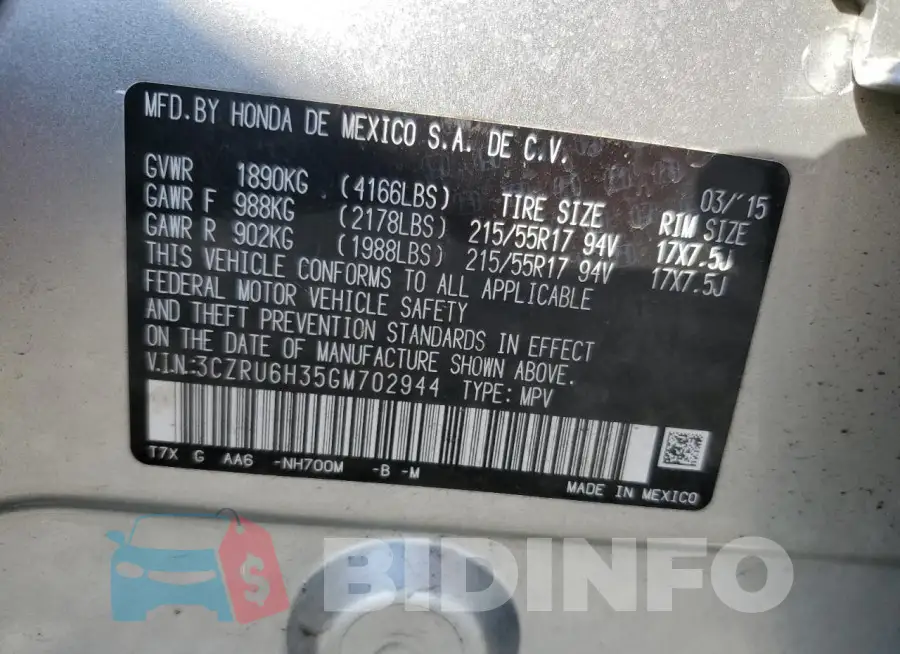 3CZRU6H35GM702944 Photo# 13