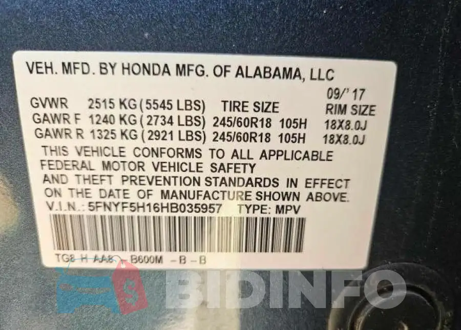 5FNYF5H16HB035957 Photo# 10
