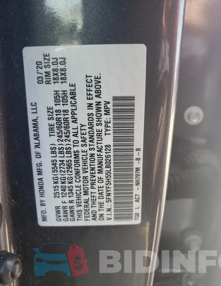 5FNYF5H55LB026128 Photo# 12