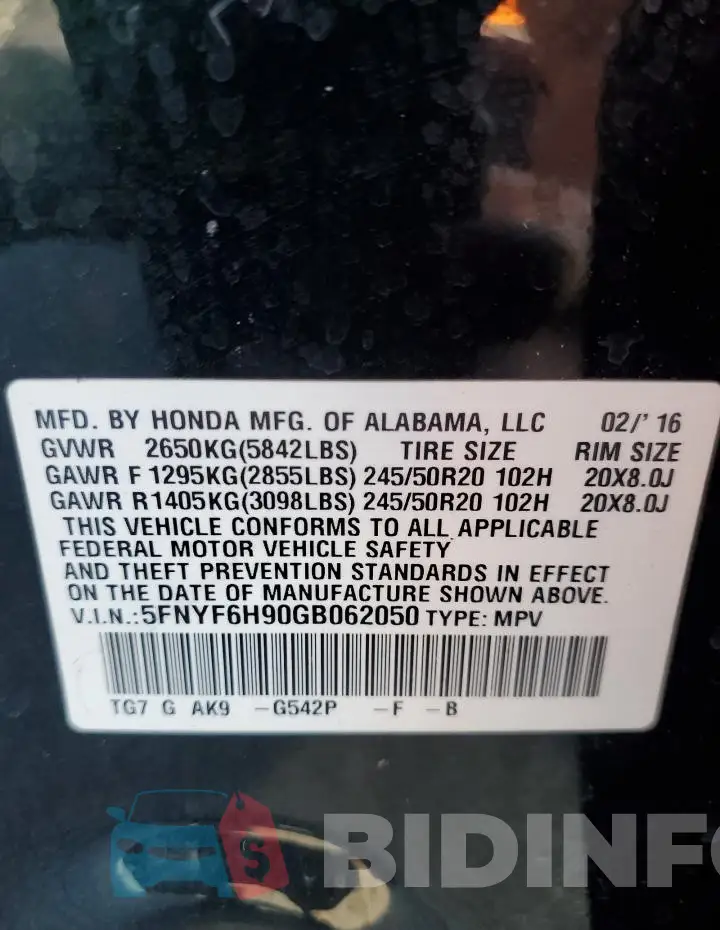 5FNYF6H90GB062050 Photo# 13