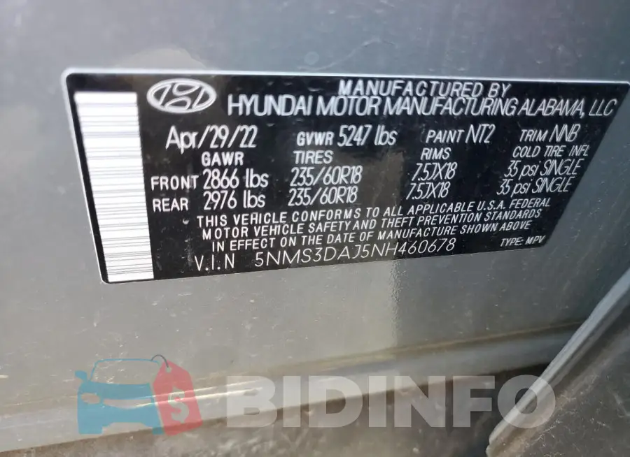 5NMS3DAJ5NH460678 Photo# 14