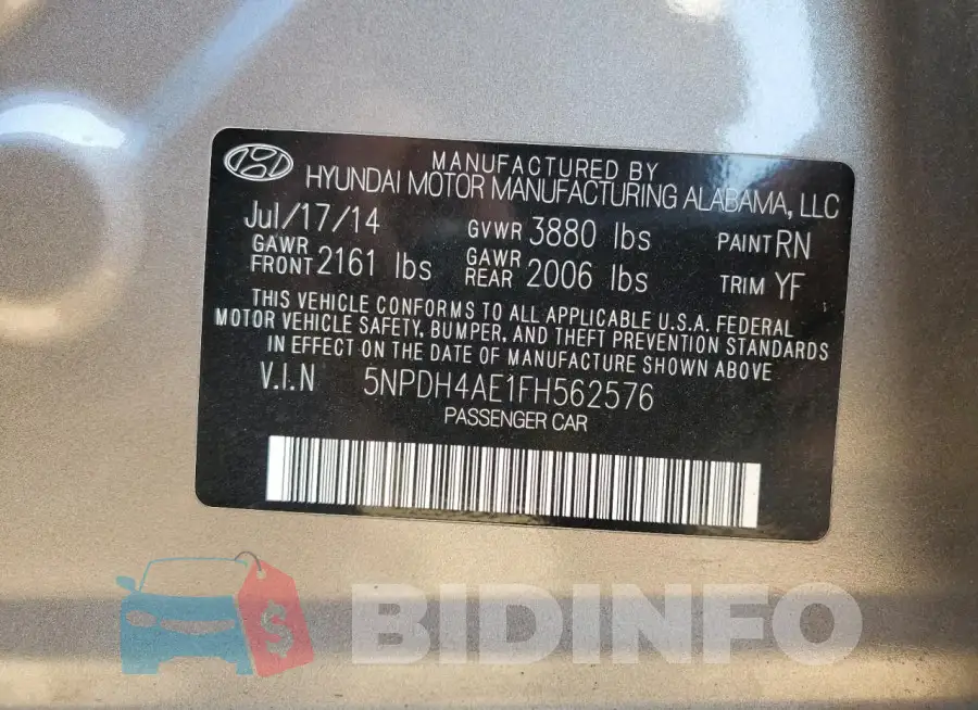 5NPDH4AE1FH562576 Photo# 12