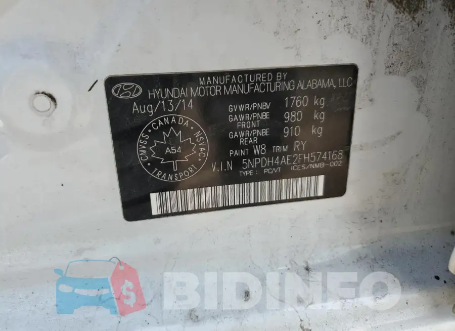 5NPDH4AE2FH574168 Photo# 12