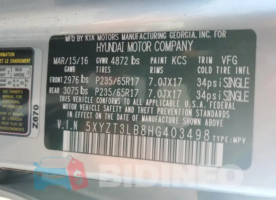 5XYZT3LB8HG403498 Photo# 14