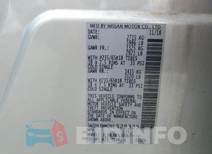 5N1DL0MM2KC528335 Photo# 13