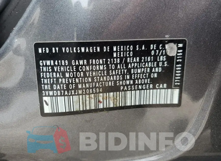 3VWDB7AJXJM206594 Photo# 12