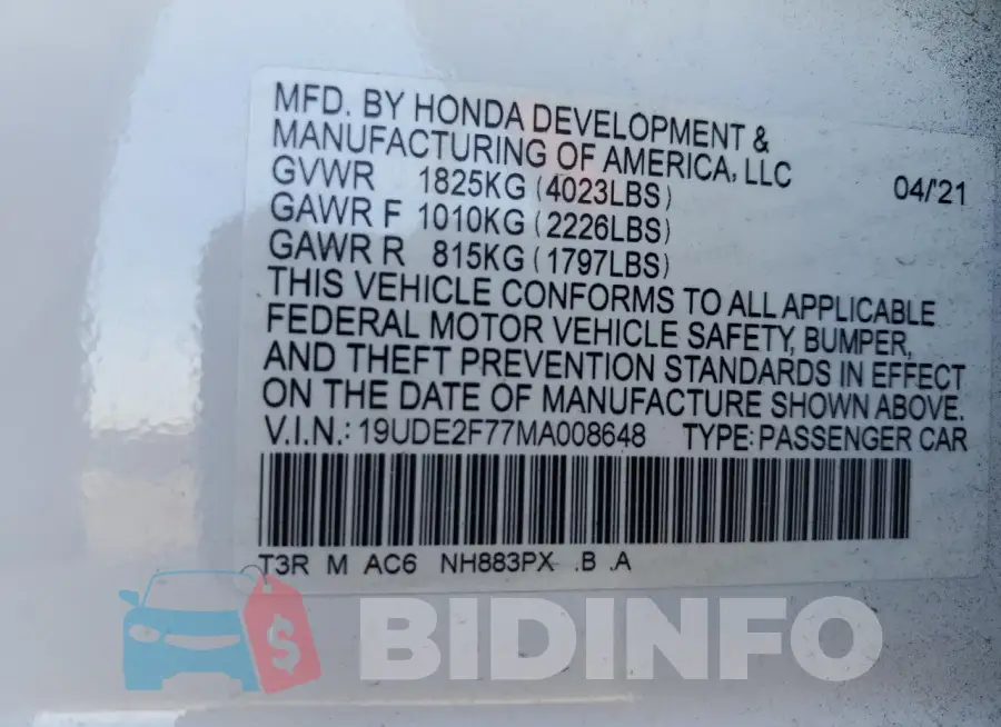 19UDE2F77MA008648 Photo# 12