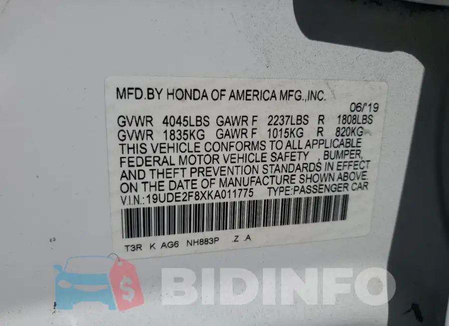 19UDE2F8XKA011775 Photo# 12