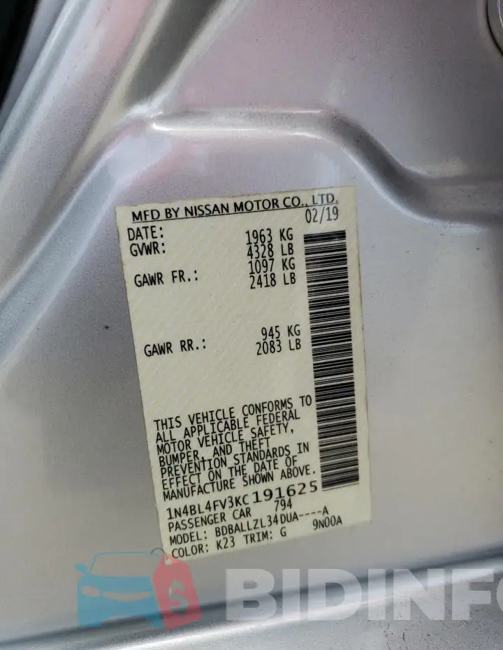 1N4BL4FV3KC191625 Photo# 12