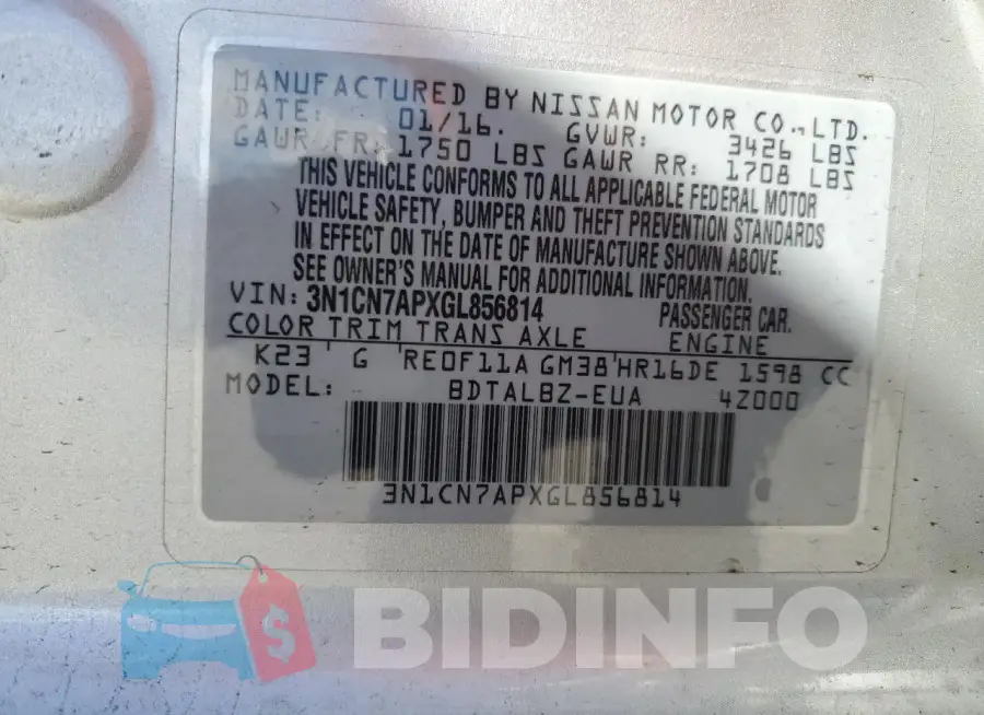3N1CN7APXGL856814 Photo# 12
