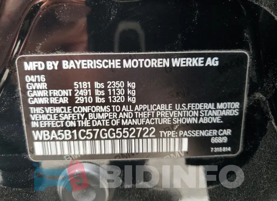 WBA5B1C57GG552722 Photo# 12