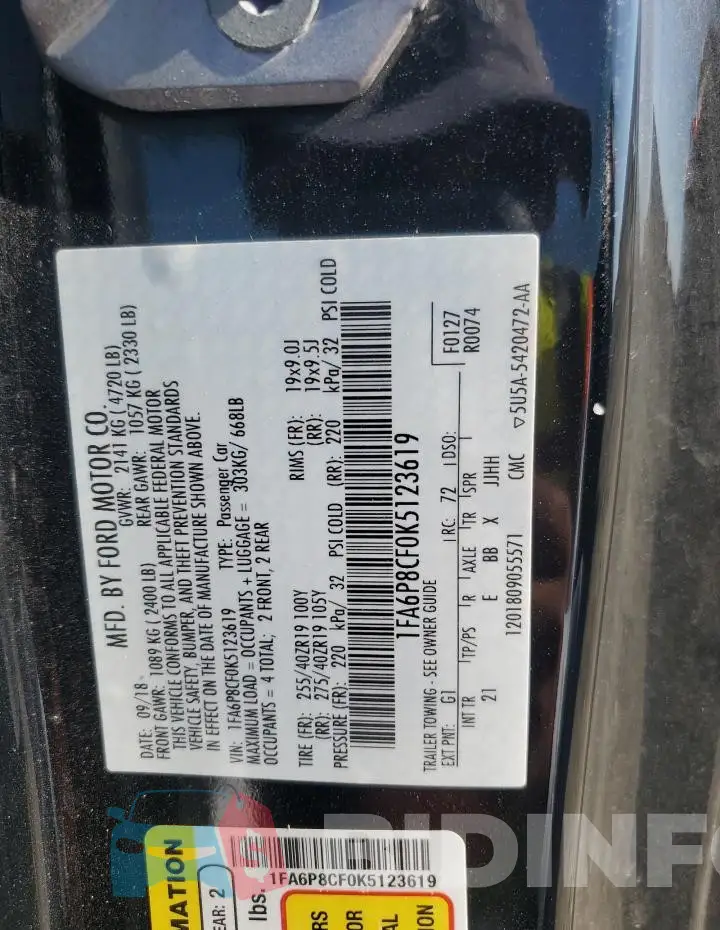 1FA6P8CF0K5123619 Photo# 12