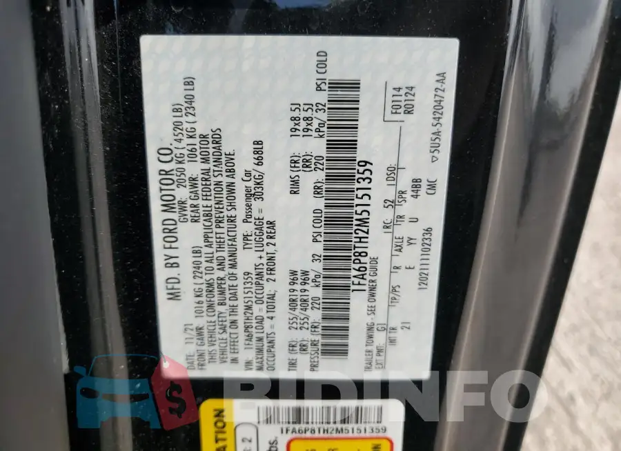 1FA6P8TH2M5151359 Photo# 12