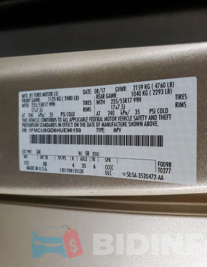 1FMCU9GD6HUE96159 Photo# 13