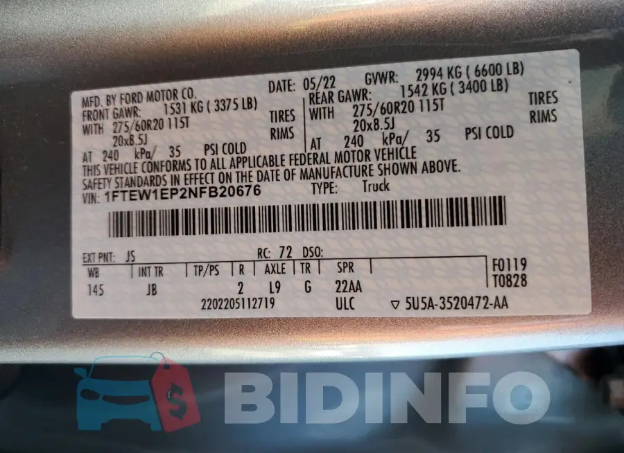 1FTEW1EP2NFB20676 Photo# 12