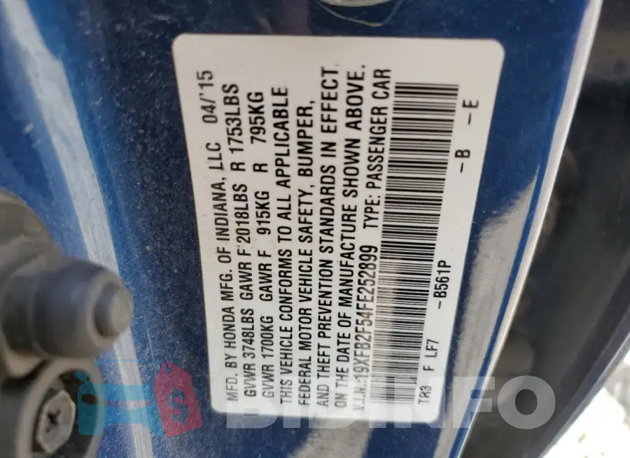 19XFB2F54FE252899 Photo# 12