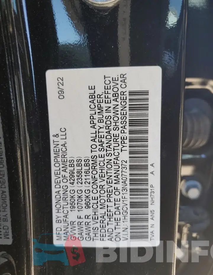 1HGCV1F13NA077372 Photo# 13