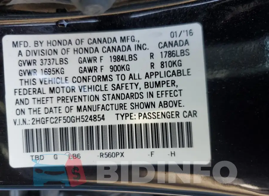 2HGFC2F50GH524854 Photo# 12