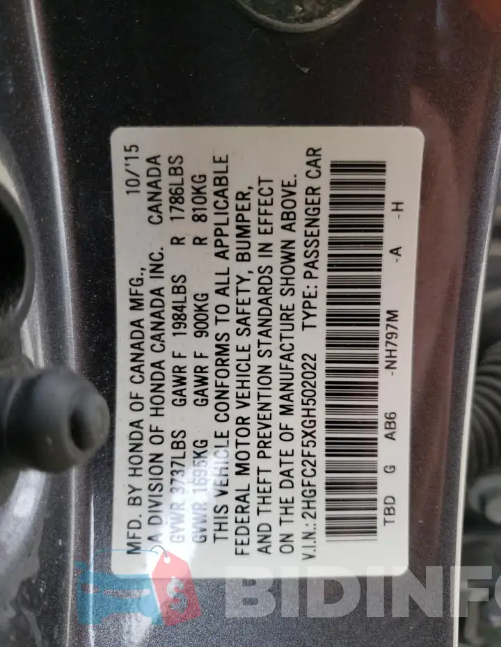 2HGFC2F5XGH502022 Photo# 12