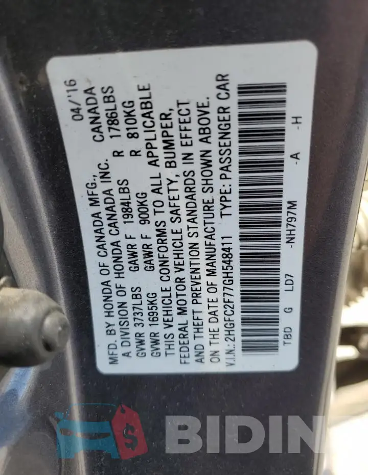 2HGFC2F77GH548411 Photo# 13