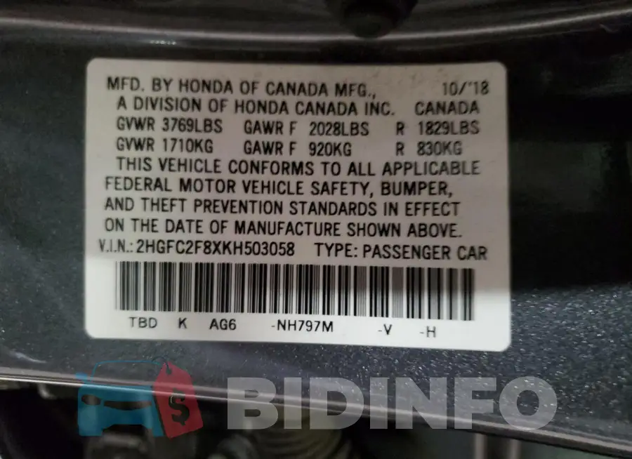 2HGFC2F8XKH503058 Photo# 12