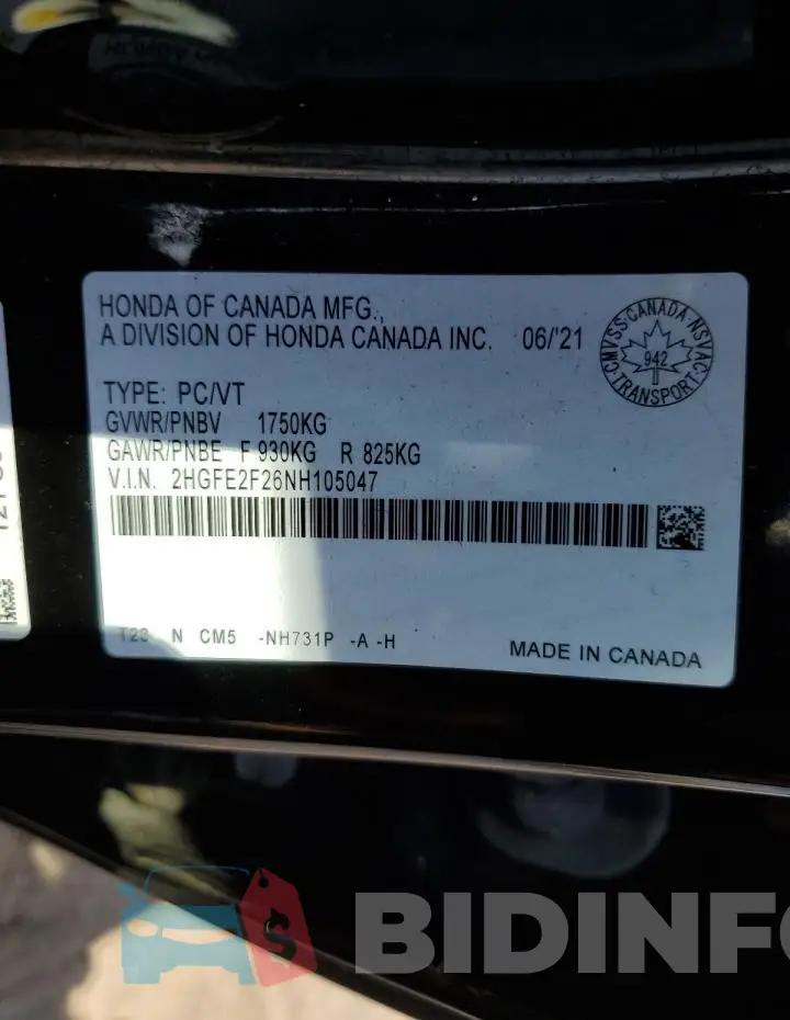 2HGFE2F26NH105047 Photo# 13