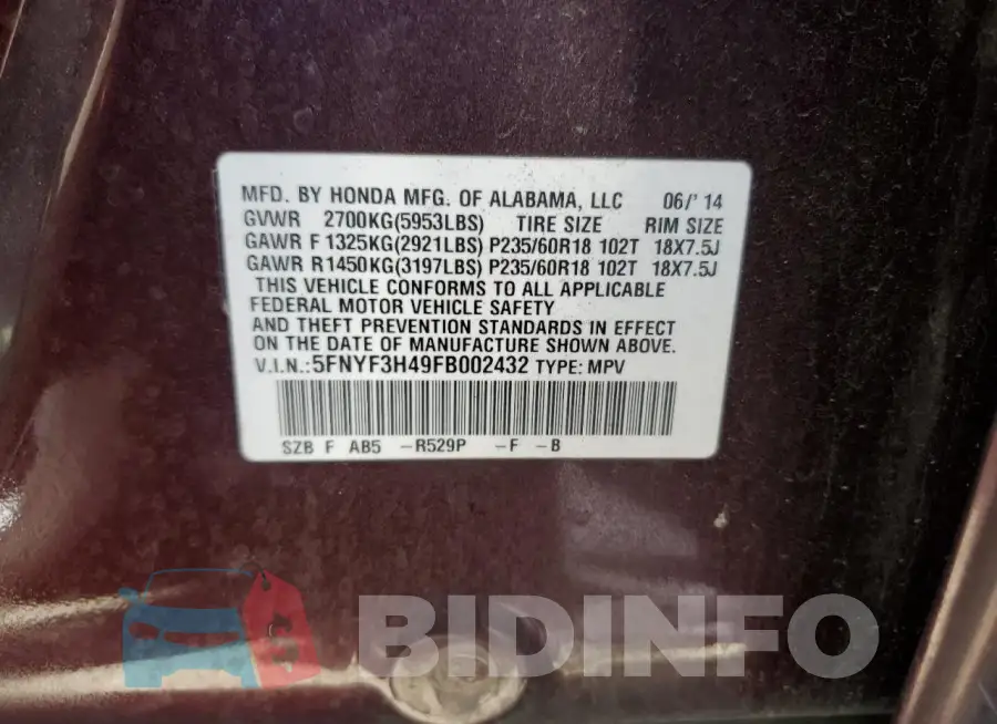 5FNYF3H49FB002432 Photo# 13