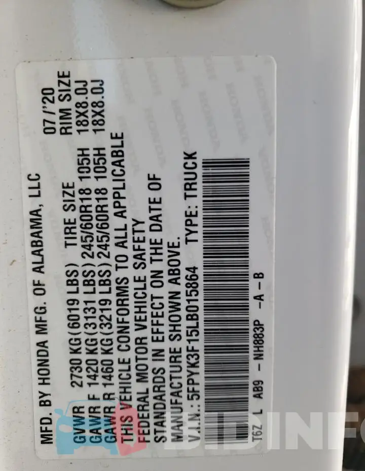 5FPYK3F15LB015864 Photo# 12