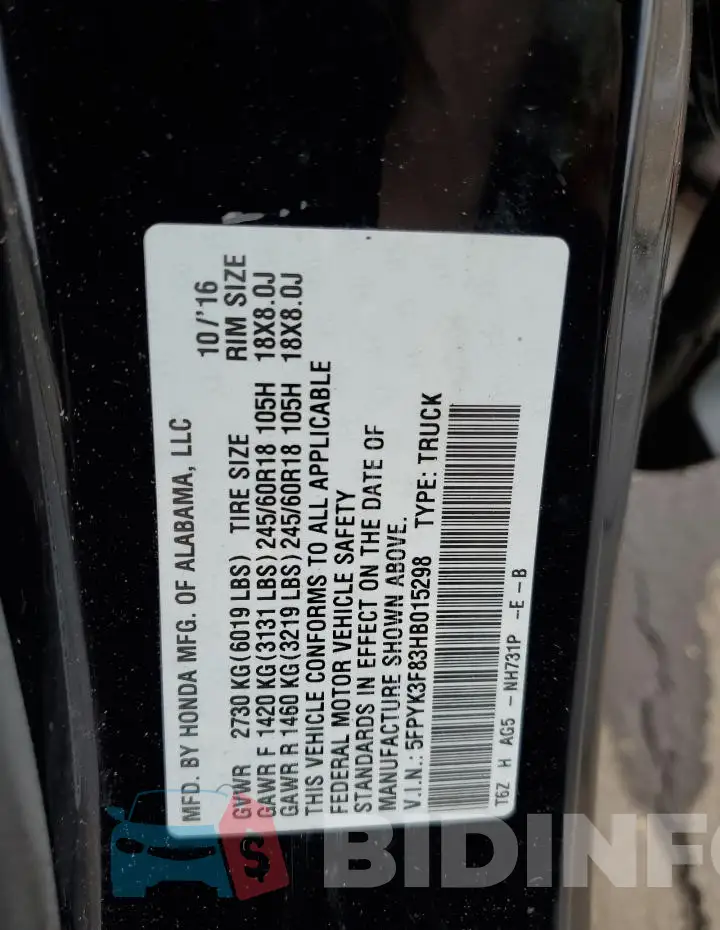 5FPYK3F83HB015298 Photo# 12