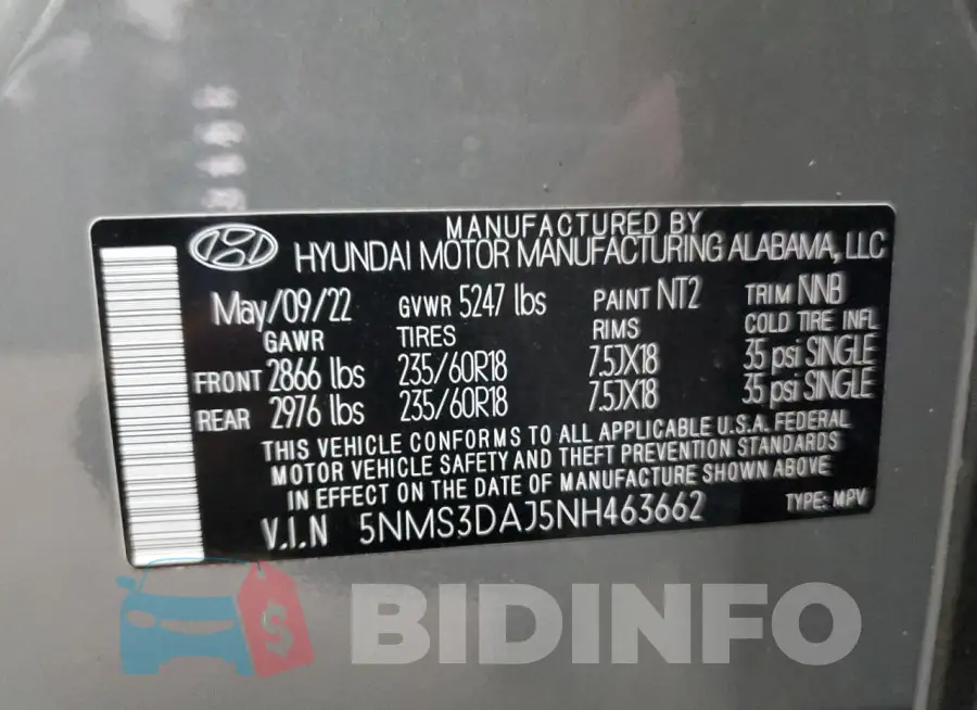 5NMS3DAJ5NH463662 Photo# 13