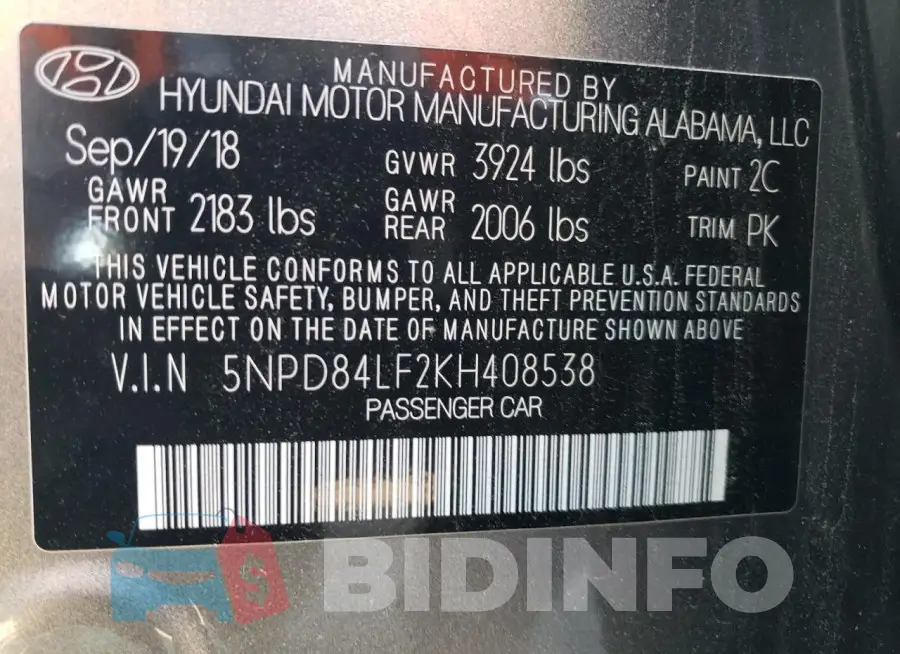 5NPD84LF2KH408538 Photo# 12