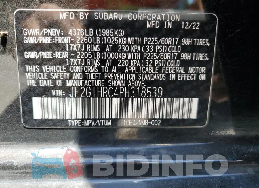 JF2GTHRC4PH318539 Photo# 13