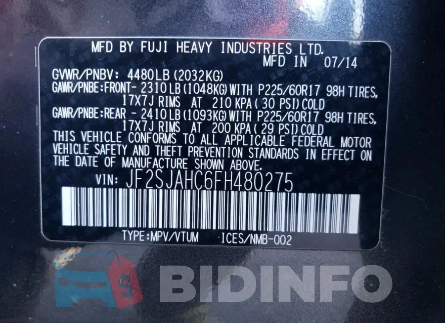 JF2SJAHC6FH480275 Photo# 13