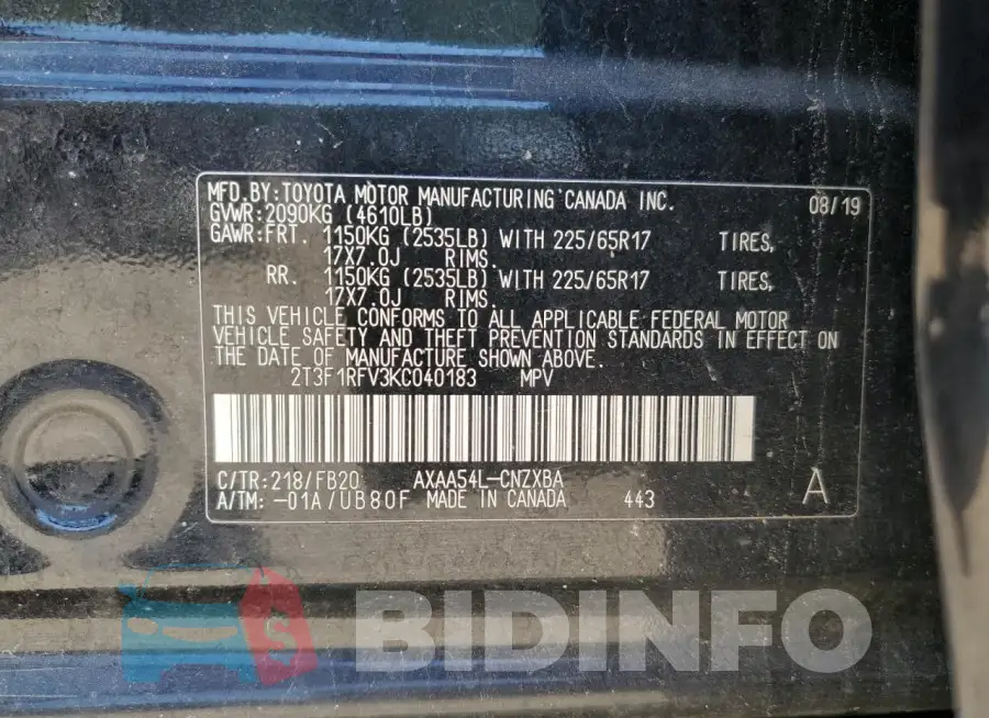 2T3F1RFV3KC040183 Photo# 13