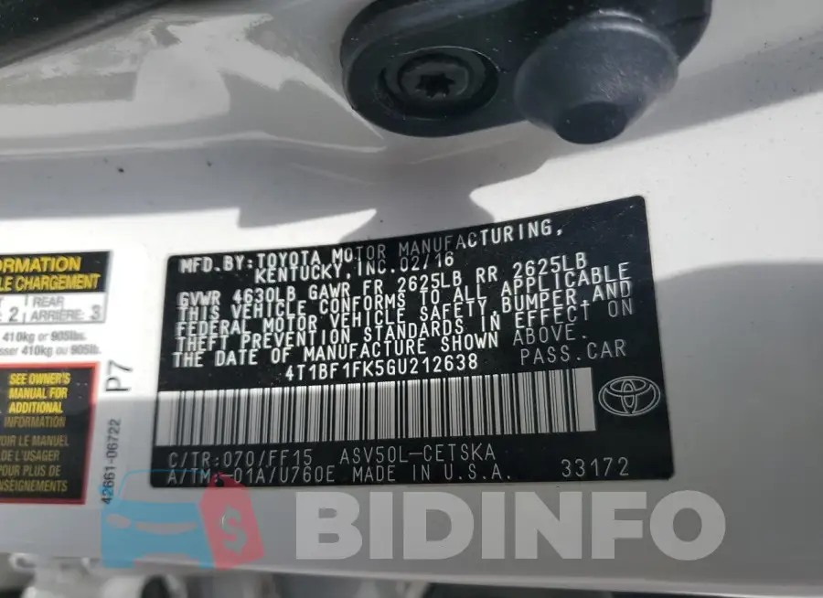 4T1BF1FK5GU212638 Photo# 12